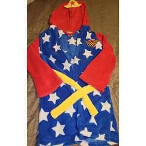 Wonder Woman Kids Hooded Fleece Robe Blue Red Stars Size M/M